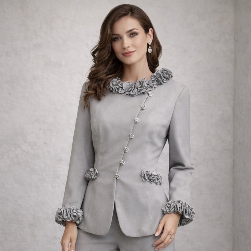 Louise Ricci Blazer Jacket Womens 12 Silver Gray Ruffle Rhinestone Designer Glam